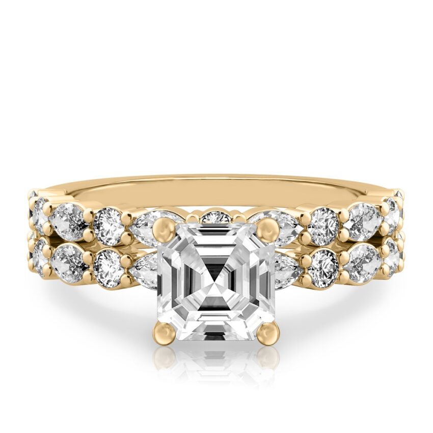 asscher cut diamond hidden halo marquise and round diamond ring set yellow gold