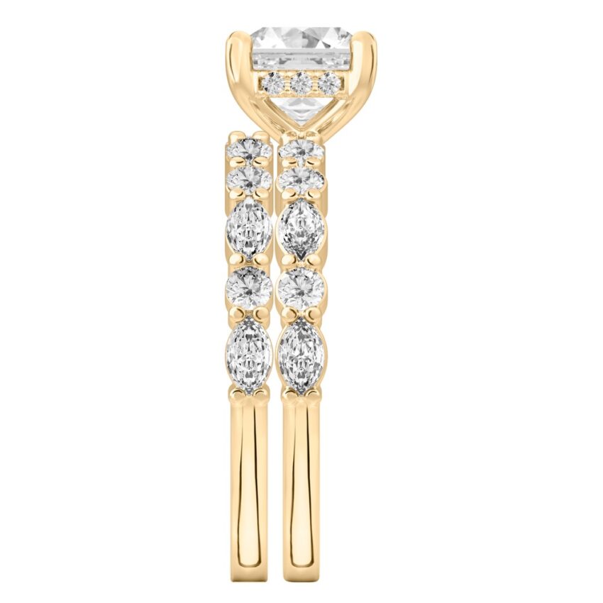 Side view of asscher cut diamond hidden halo marquise and round diamond ring set yellow gold