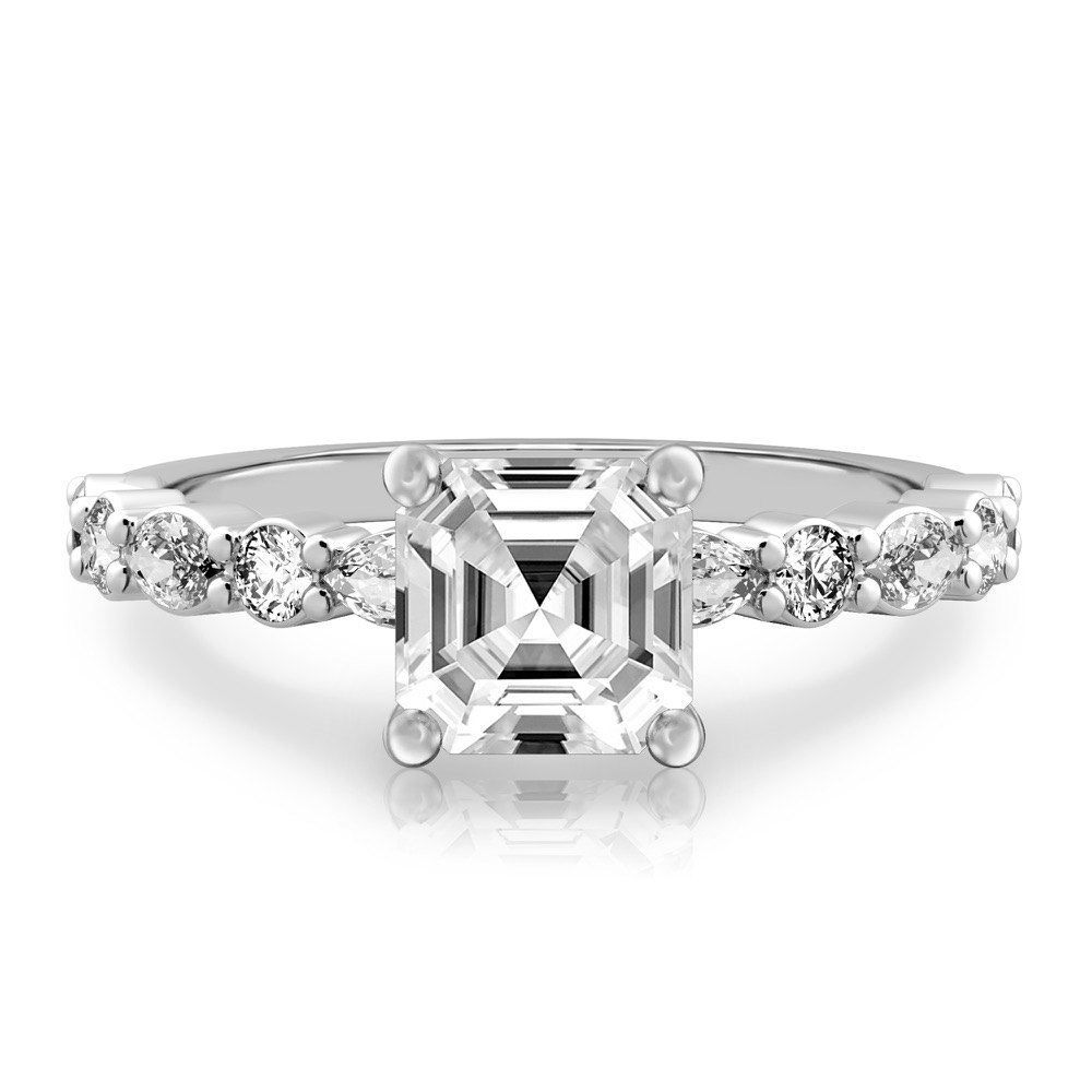 asscher cut diamond hidden halo marquise and round diamond ring white gold