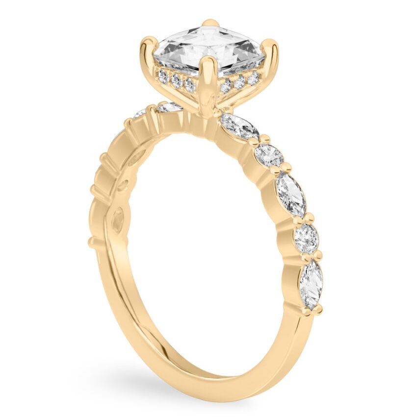 Angle view of asscher cut diamond hidden halo marquise and round diamond ring yellow gold