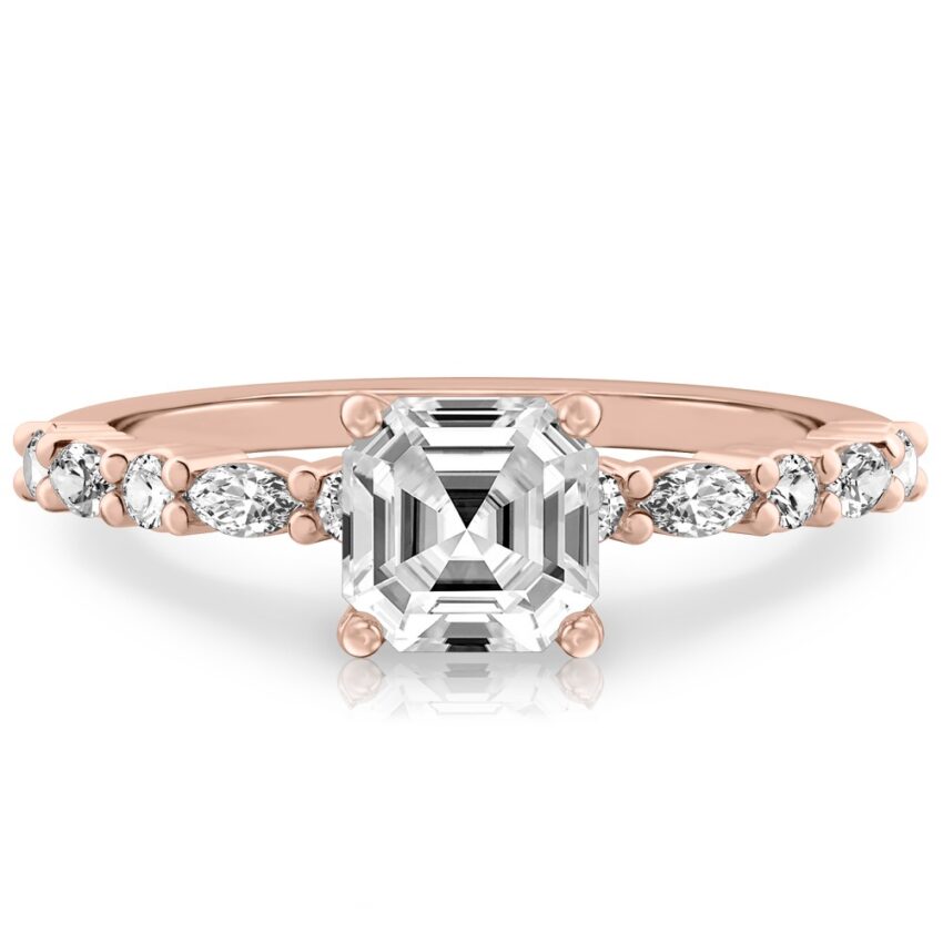 asscher cut diamond marquise and round diamond ring rose gold