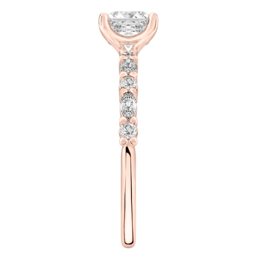 Side view of asscher cut diamond marquise and round diamond ring rose gold
