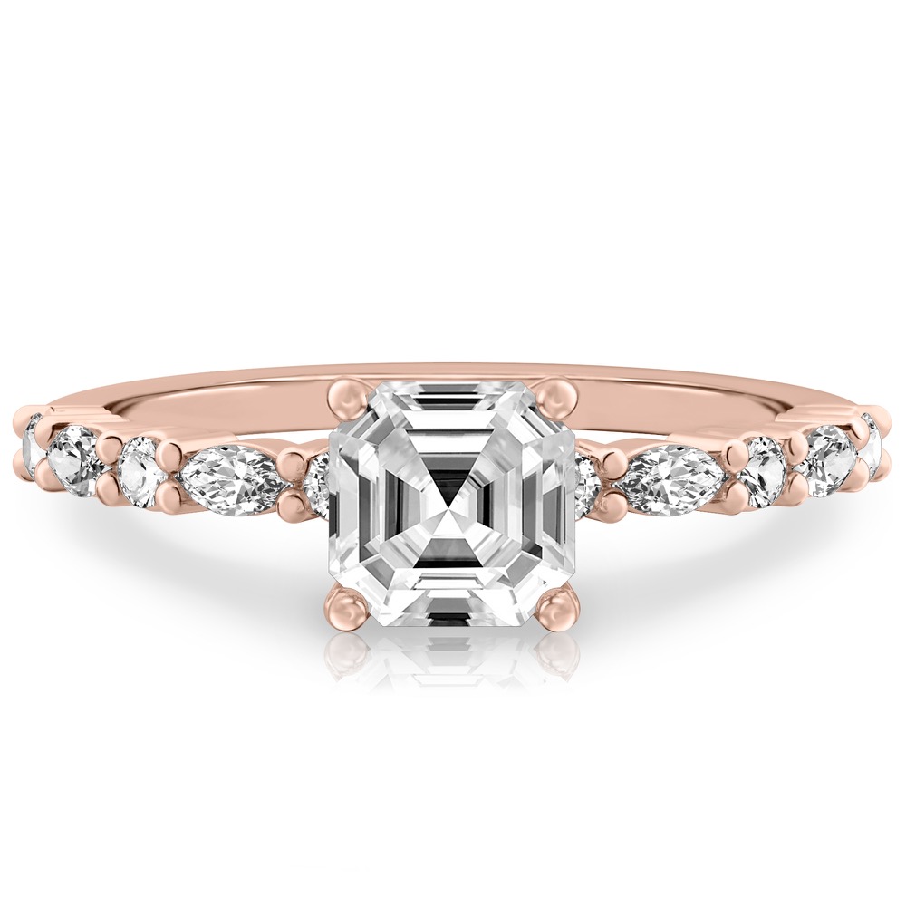 asscher cut diamond marquise and round diamond ring rose gold
