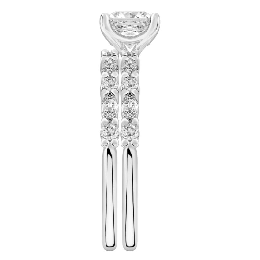 Side view of asscher cut diamond marquise and round diamond ring set platinum