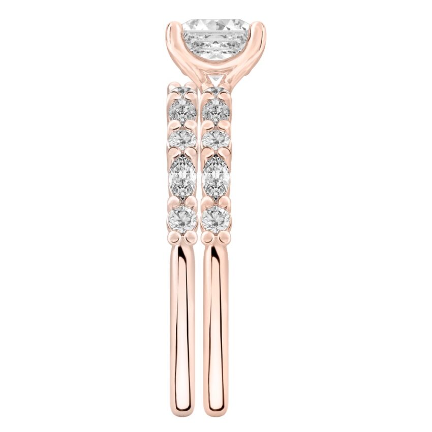 Side view of asscher cut diamond marquise and round diamond ring set rose gold