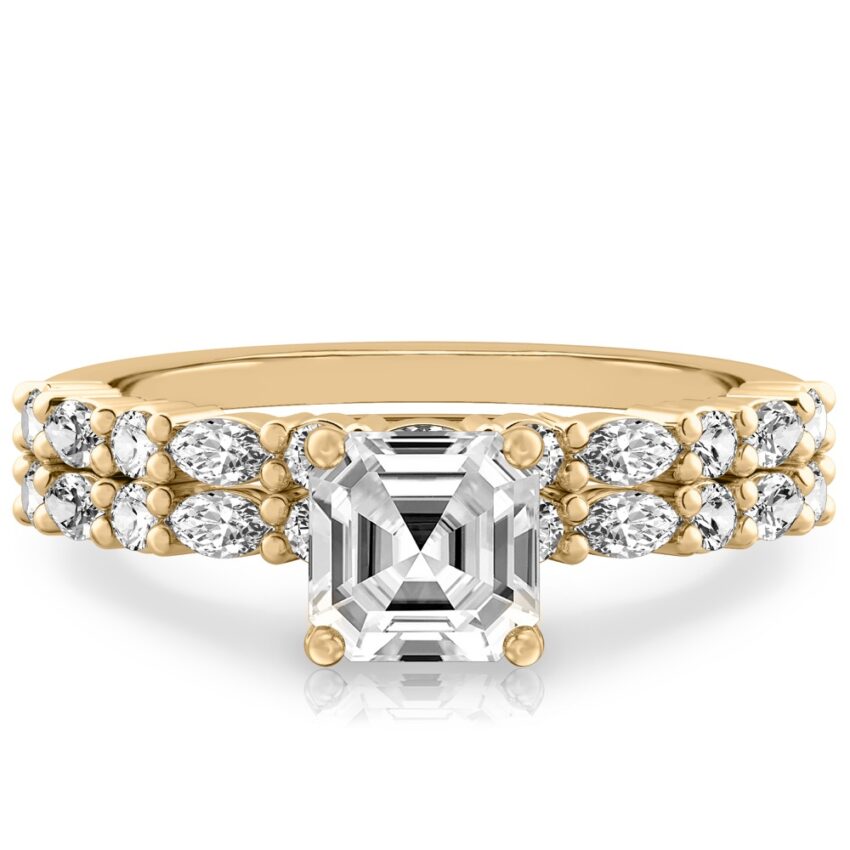asscher cut diamond marquise and round diamond ring set yellow gold