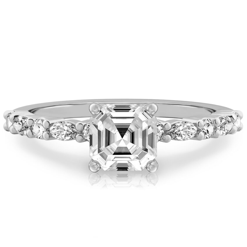 asscher cut diamond marquise and round diamond ring white gold