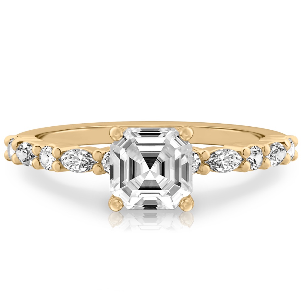 asscher cut diamond marquise and round diamond ring yellow gold