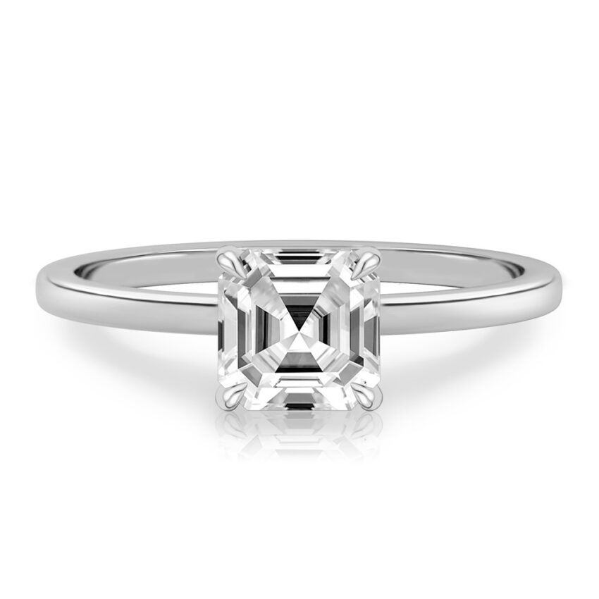 asscher cut diamond ultra low hidden halo engagement ring in white gold