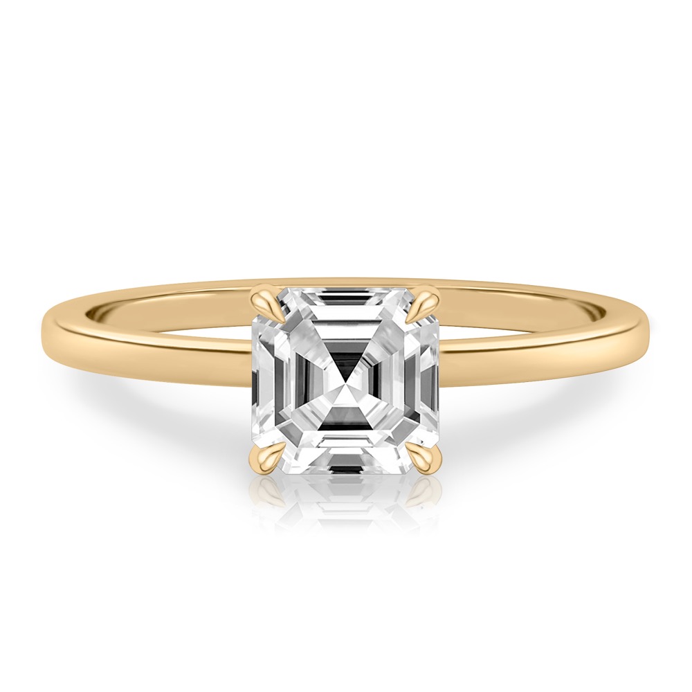 asscher cut diamond ultra low hidden halo engagement ring in yellow gold