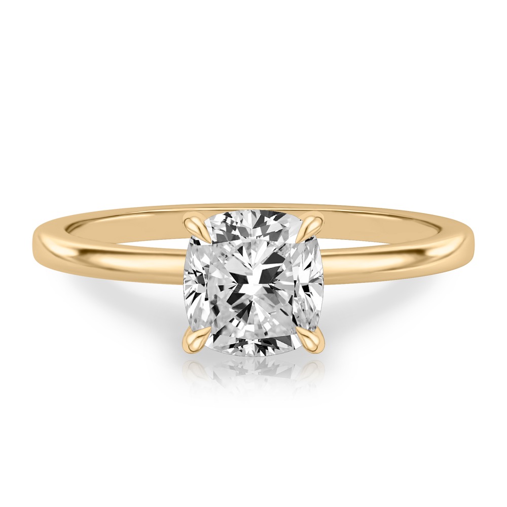 cushion cut diamond flush hidden halo engagement ring in yellow gold