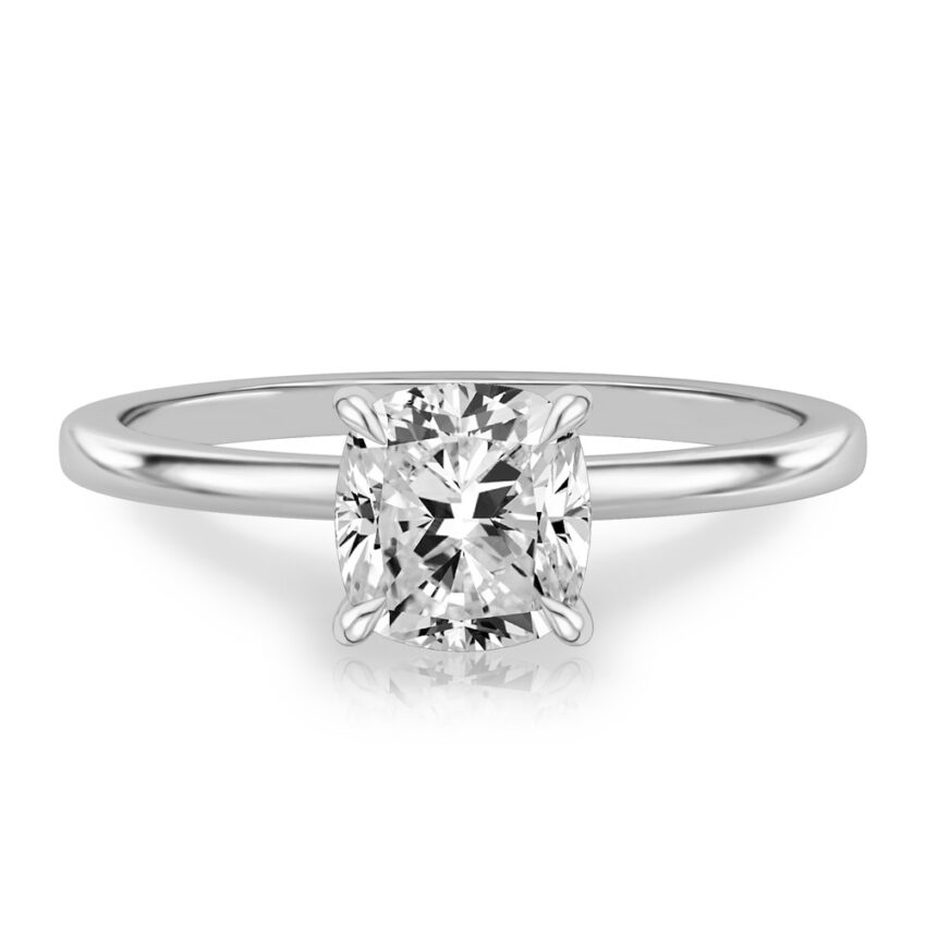 cushion cut diamond hidden halo engagement ring in platinum
