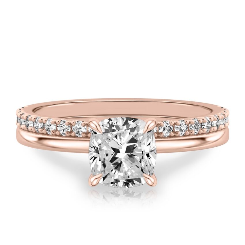 cushion cut diamond hidden halo engagement ring set rose gold