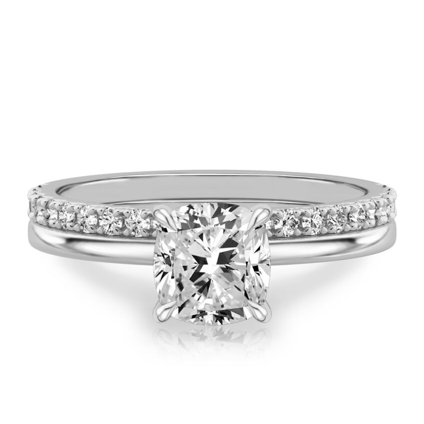 cushion cut diamond hidden halo engagement ring set white gold