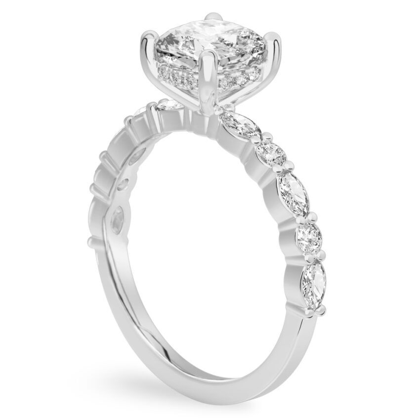 Angle view of cushion cut diamond hidden halo marquise and round diamond ring palladium