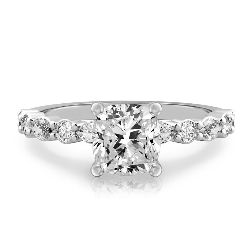 cushion cut diamond hidden halo marquise and round diamond ring platinum