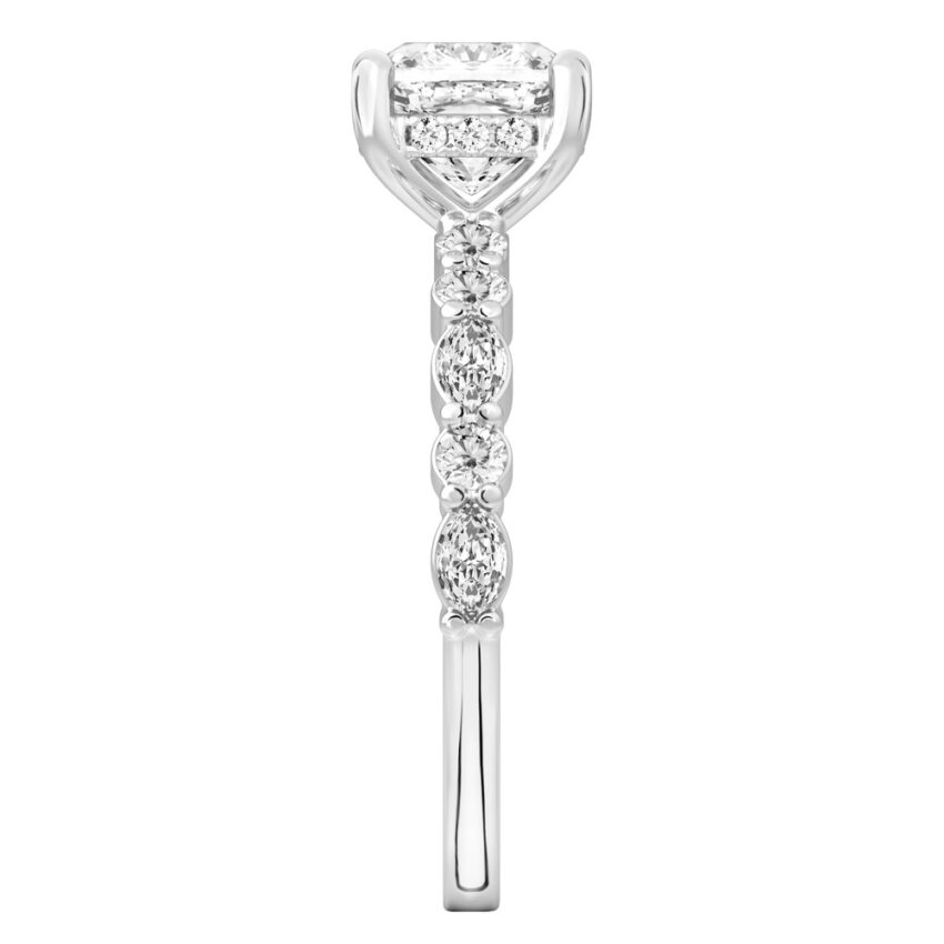Side view of cushion cut diamond hidden halo marquise and round diamond ring platinum