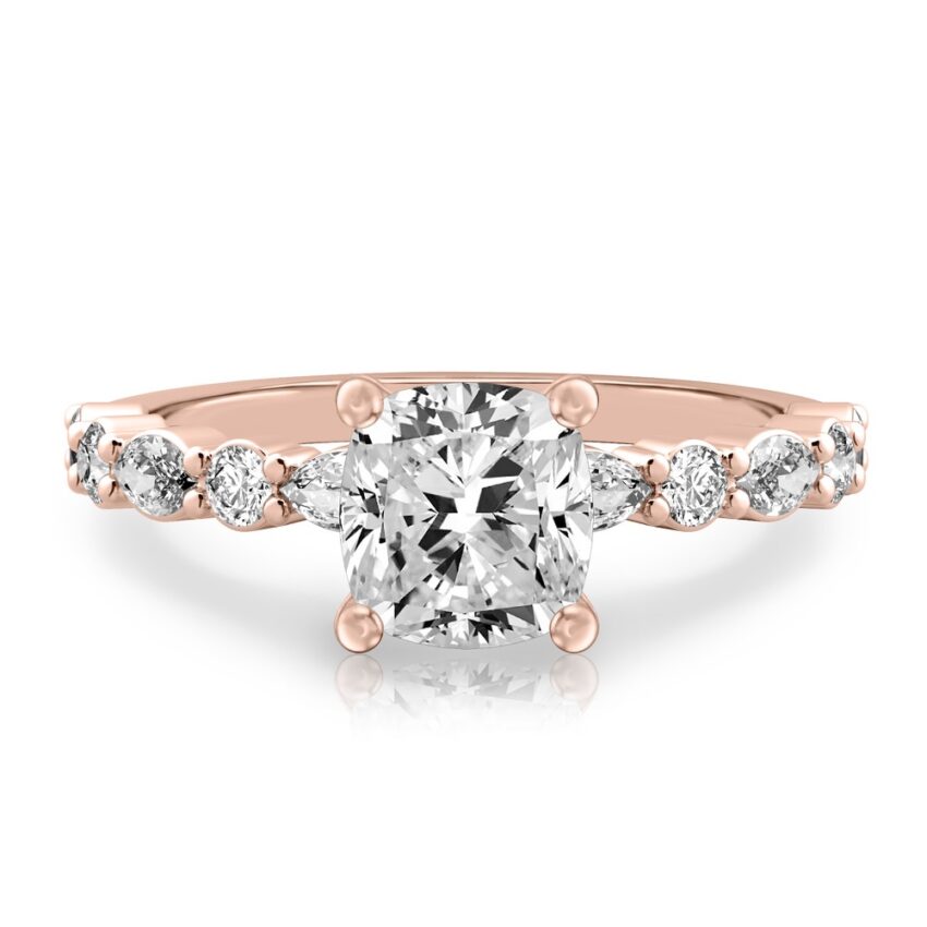 cushion cut diamond hidden halo marquise and round diamond ring rose gold