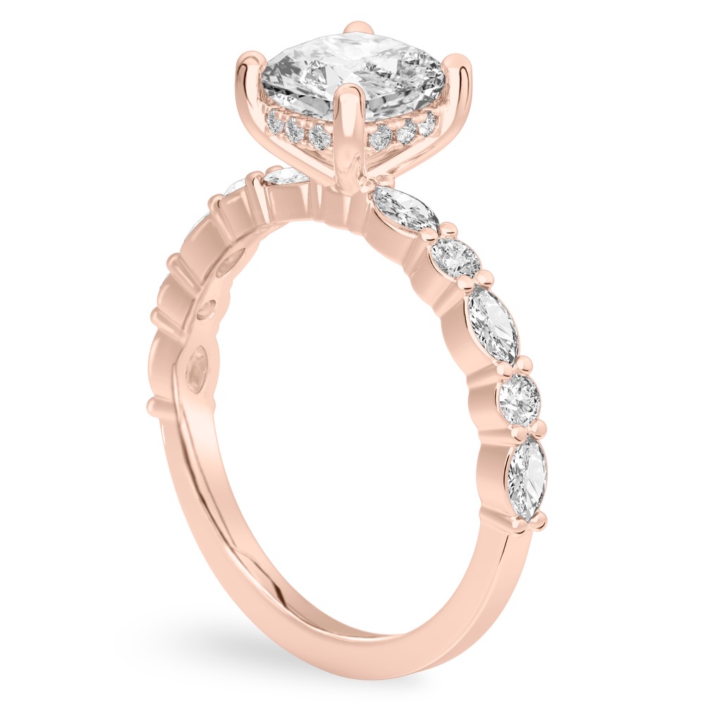 Angle view of cushion cut diamond hidden halo marquise and round diamond ring rose gold
