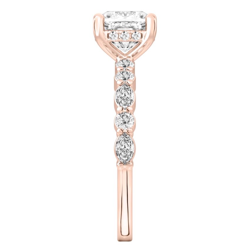 Side view of cushion cut diamond hidden halo marquise and round diamond ring rose gold