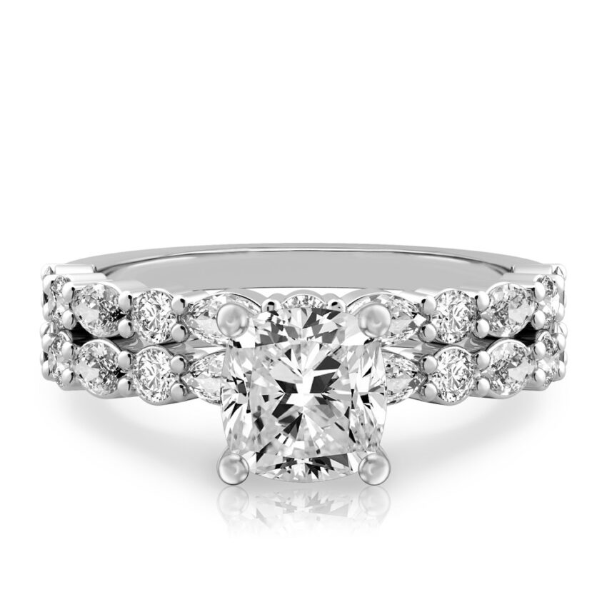 cushion cut diamond hidden halo marquise and round diamond ring set platinum
