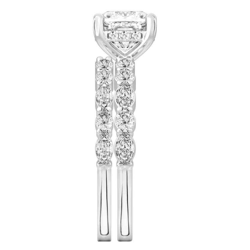 Side view of cushion cut diamond hidden halo marquise and round diamond ring set platinum