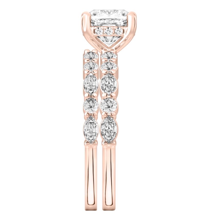 Side view of cushion cut diamond hidden halo marquise and round diamond ring set rose gold