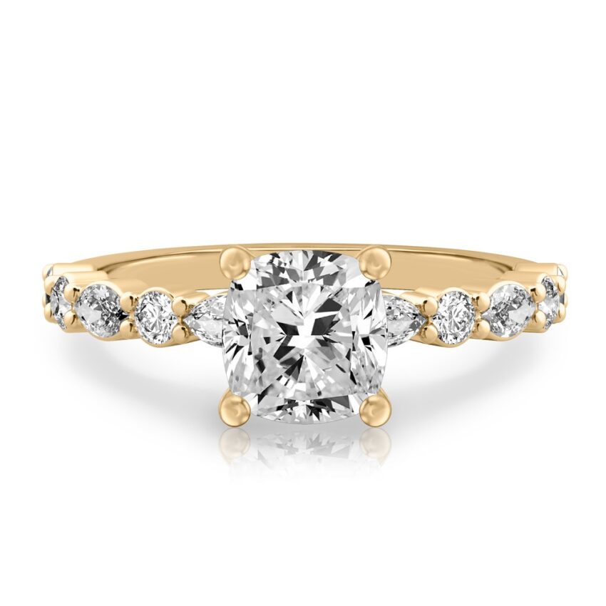 cushion cut diamond hidden halo marquise and round diamond ring yellow gold