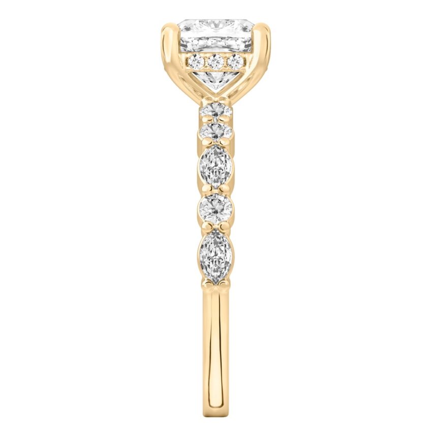 Side view of cushion cut diamond hidden halo marquise and round diamond ring yellow gold