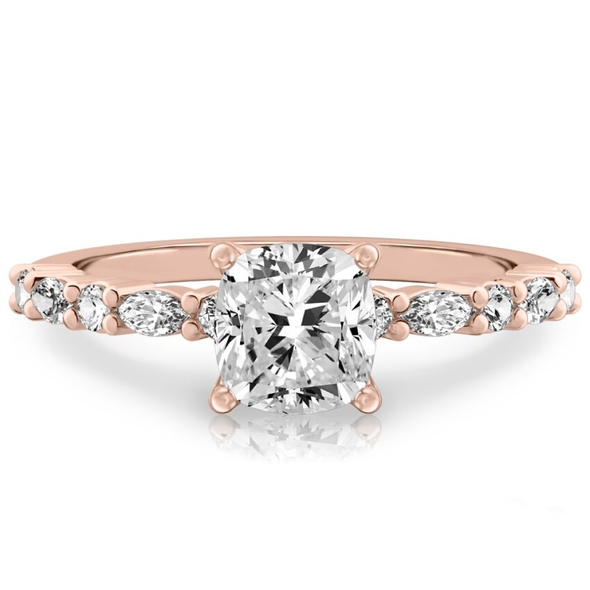 cushion cut diamond marquise and round diamond ring rose gold