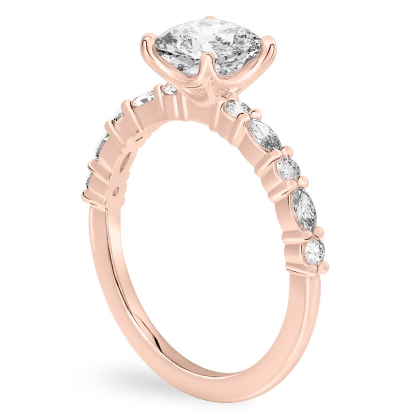 Angle view of cushion cut diamond marquise and round diamond ring rose gold