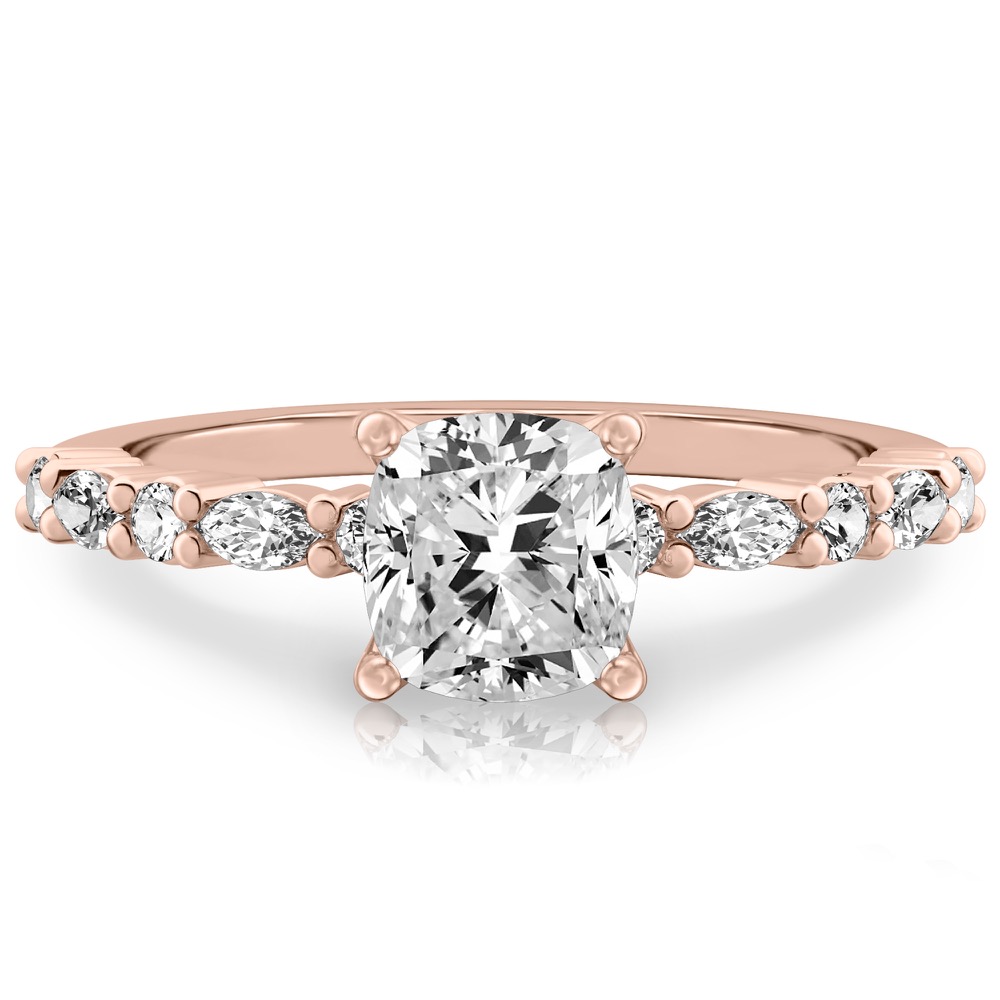 cushion cut diamond marquise and round diamond ring rose gold