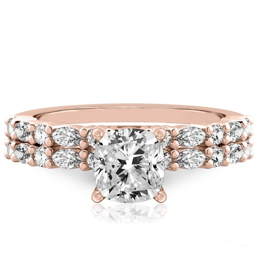 cushion cut diamond marquise and round diamond ring set rose gold