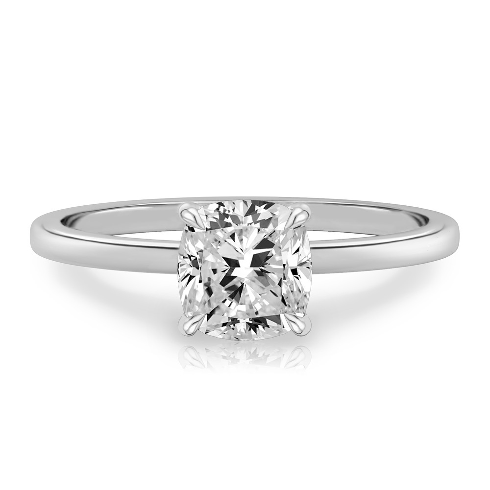 cushion cut diamond ultra low hidden halo engagement ring in platinum