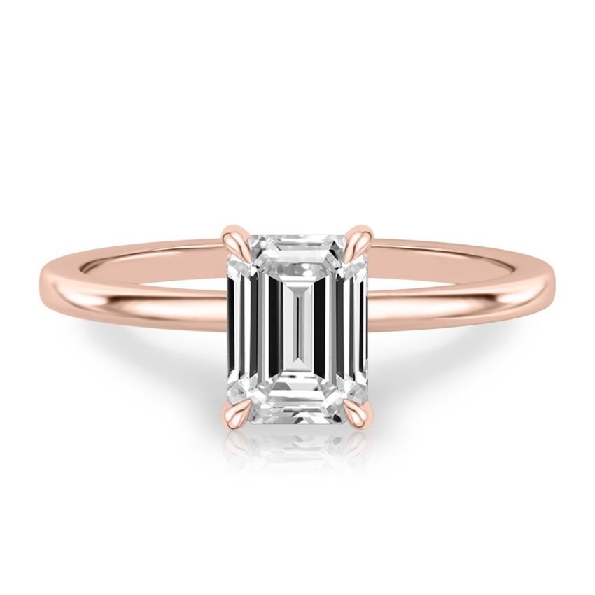 emerald cut diamond hidden halo engagement ring in rose gold