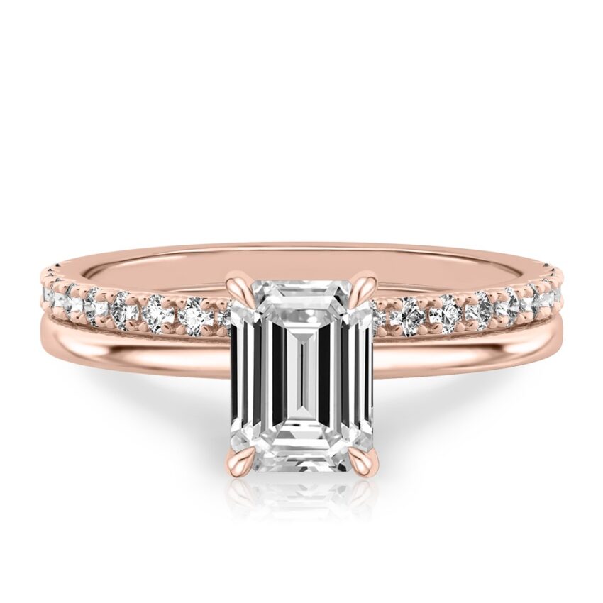 emerald cut diamond hidden halo engagement ring set rose gold