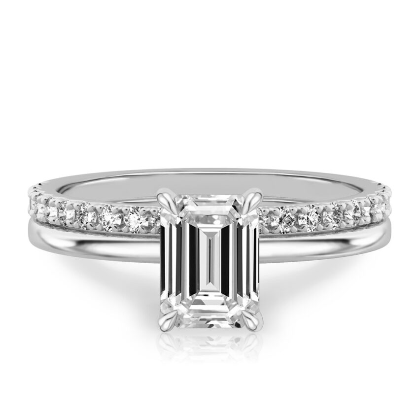 emerald cut diamond hidden halo engagement ring set white gold