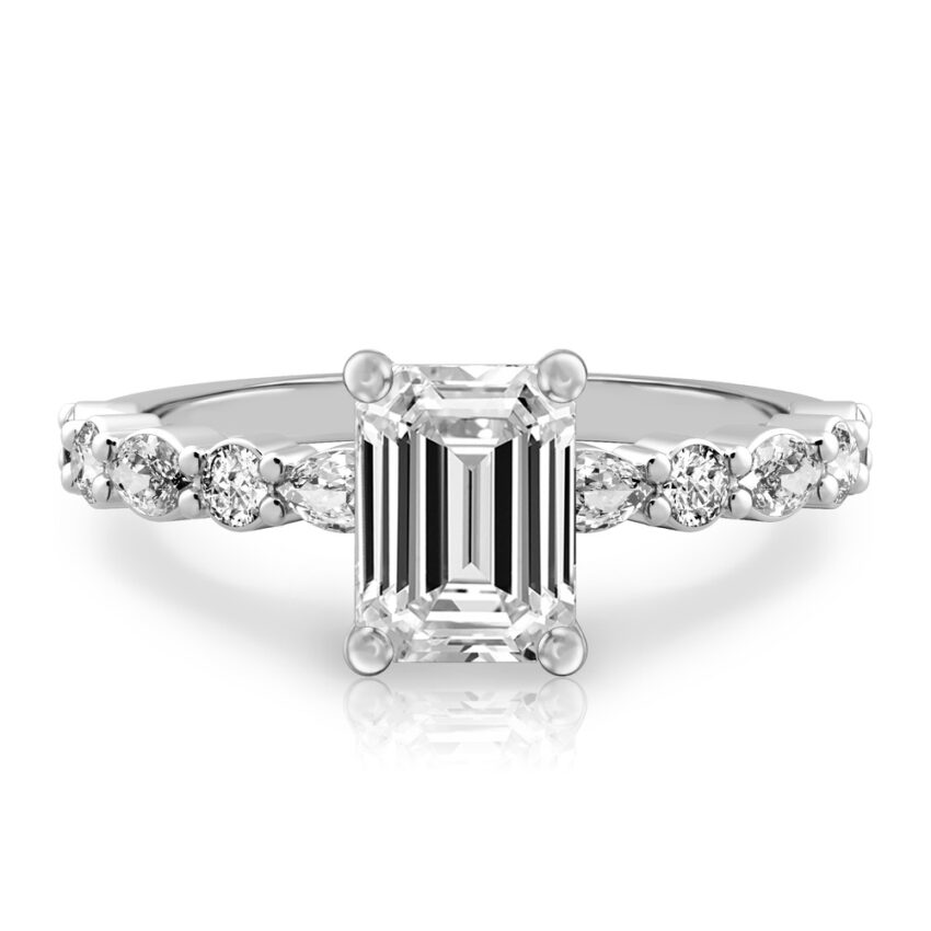 emerald cut diamond hidden halo marquise and round diamond ring palladium