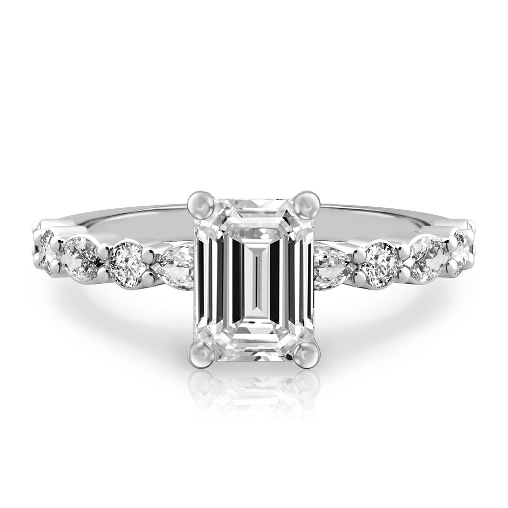 emerald cut diamond hidden halo marquise and round diamond ring palladium