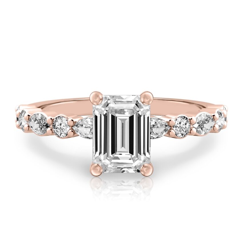 emerald cut diamond hidden halo marquise and round diamond ring rose gold