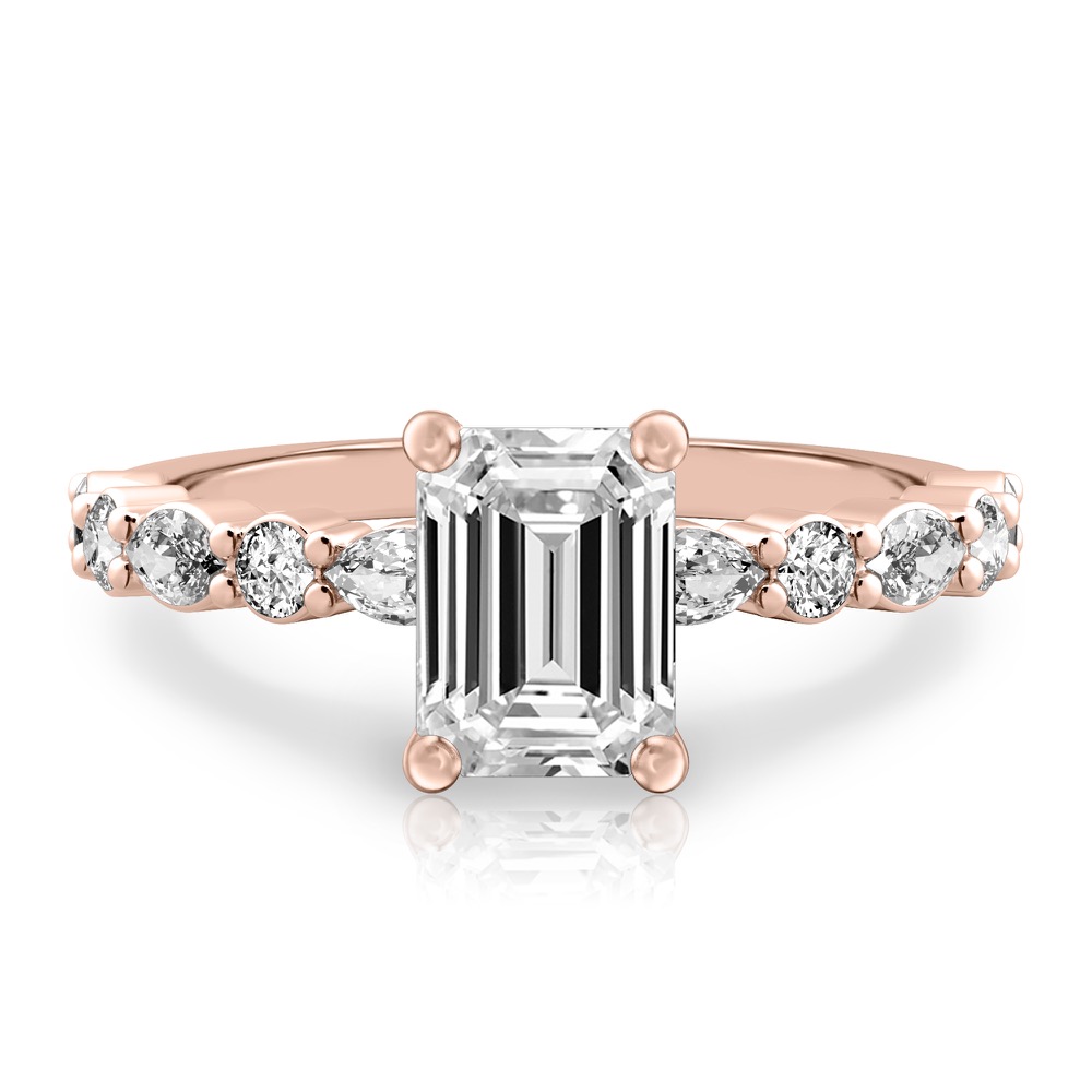 emerald cut diamond hidden halo marquise and round diamond ring rose gold