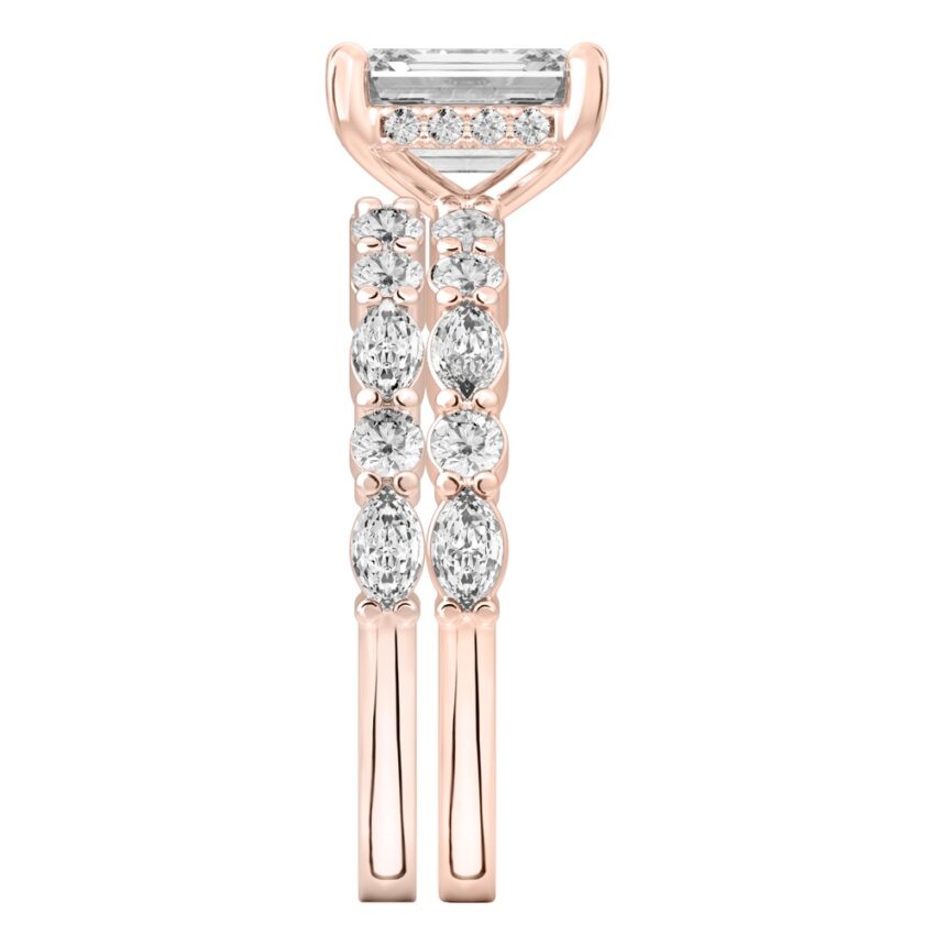 Side view of emerald cut diamond hidden halo marquise and round diamond ring set rose gold