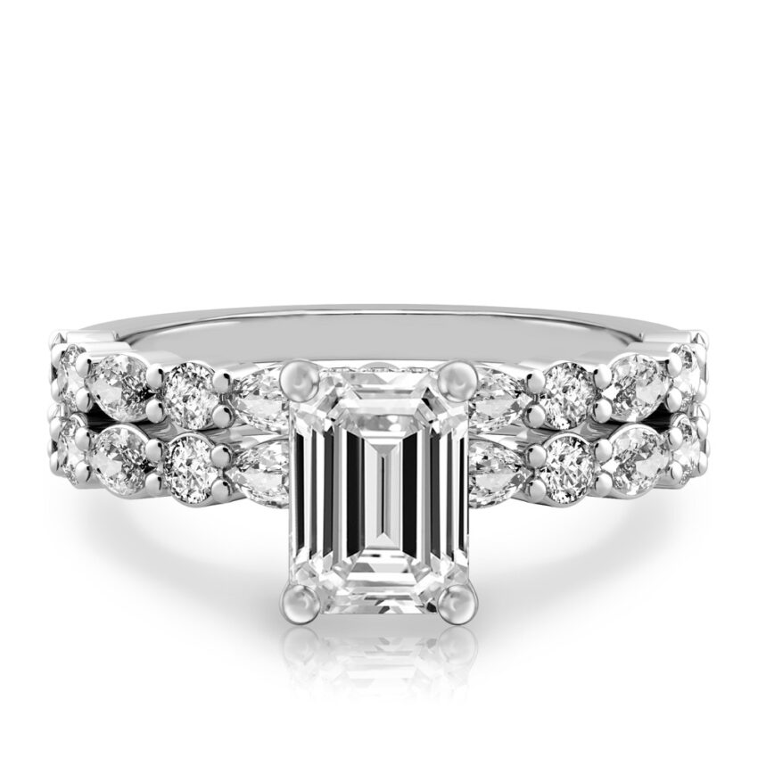 emerald cut diamond hidden halo marquise and round diamond ring set white gold