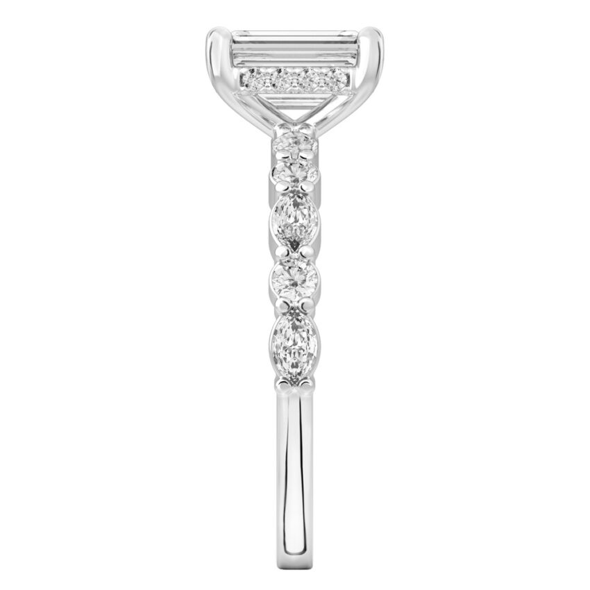 Side view of emerald cut diamond hidden halo marquise and round diamond ring white gold