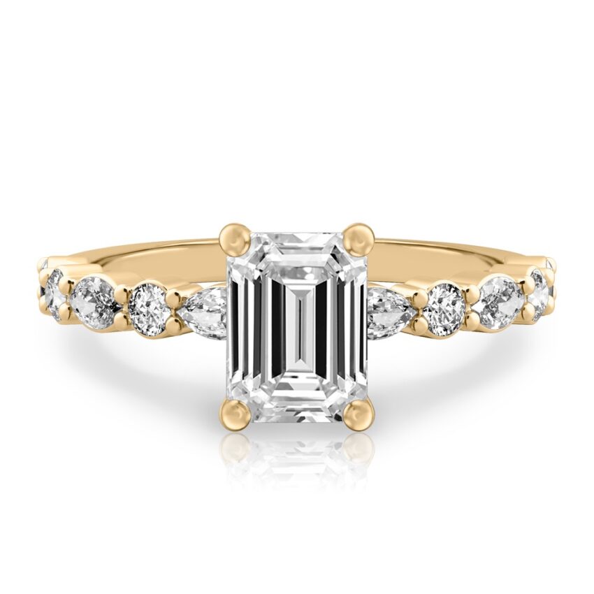 emerald cut diamond hidden halo marquise and round diamond ring yellow gold