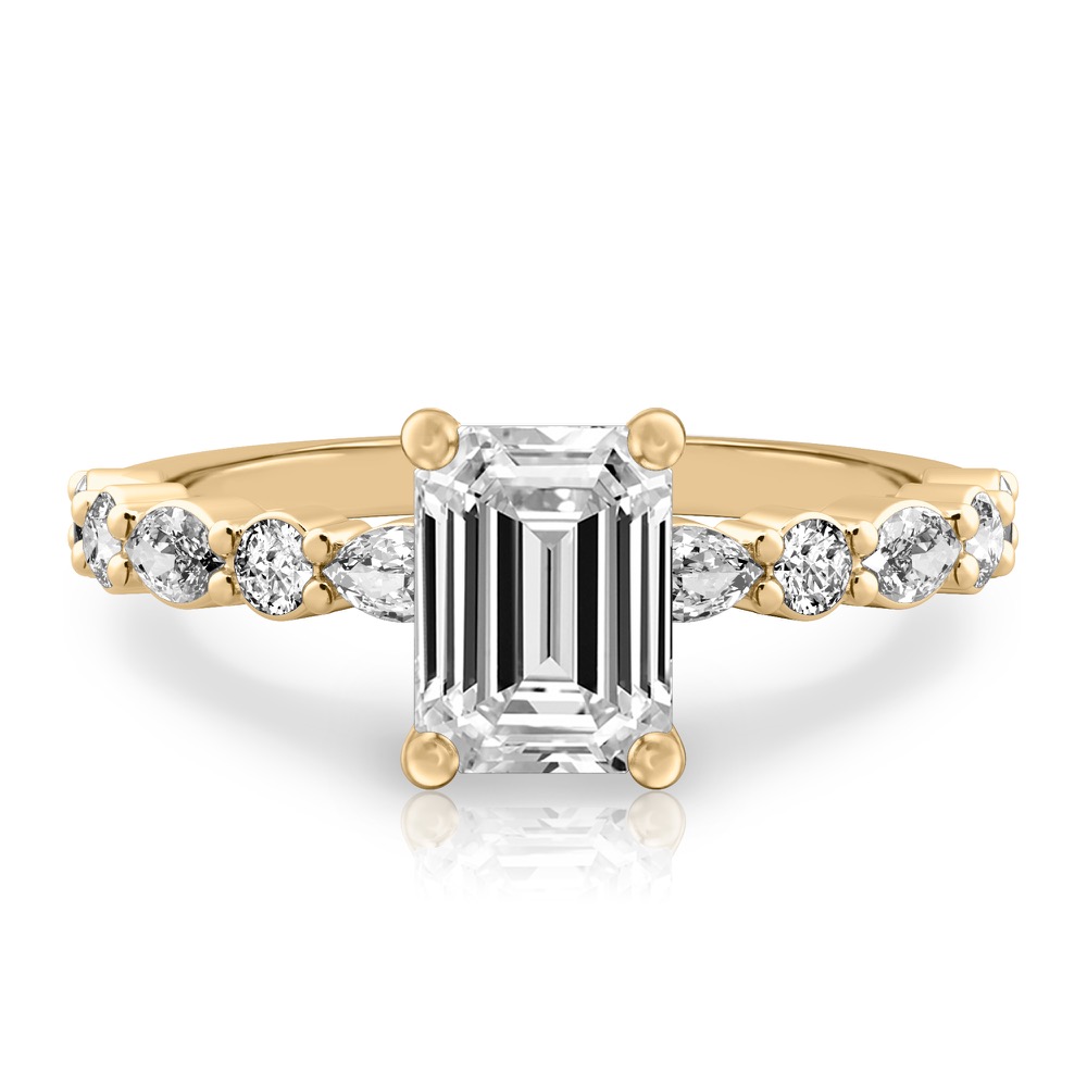 emerald cut diamond hidden halo marquise and round diamond ring yellow gold
