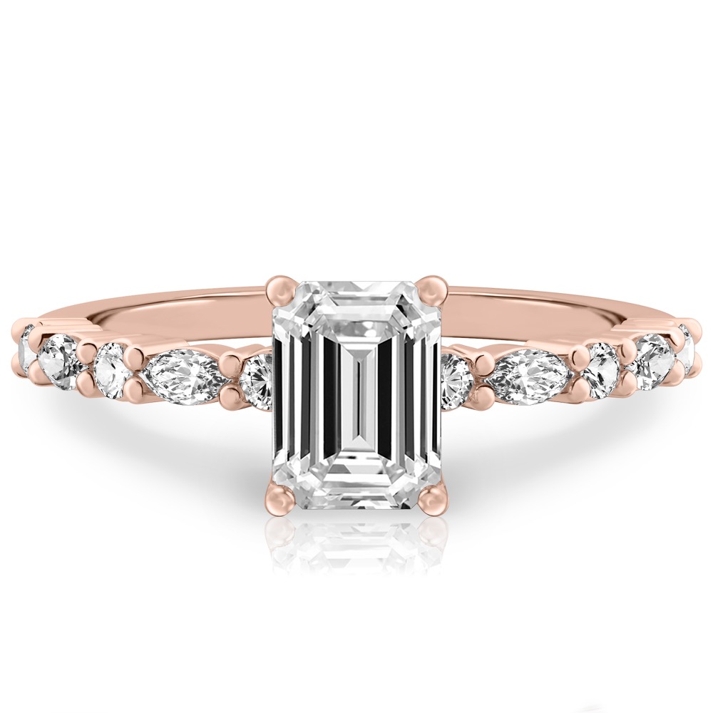 emerald cut diamond marquise and round diamond ring rose gold