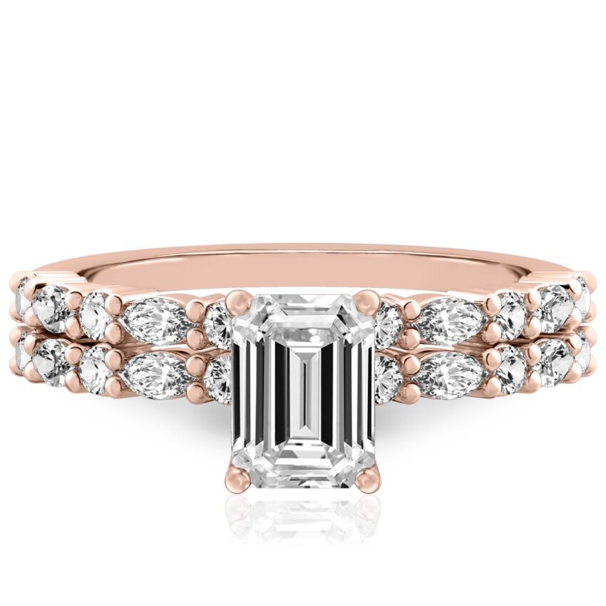 emerald cut diamond marquise and round diamond ring set rose gold