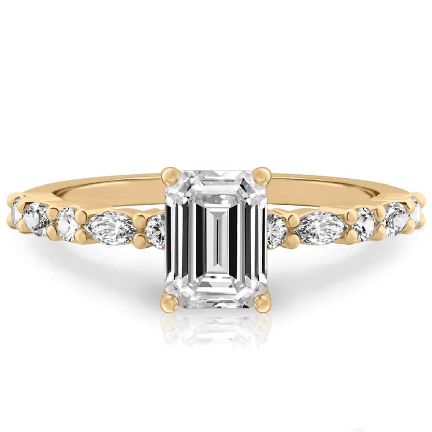 emerald cut diamond marquise and round diamond ring yellow gold