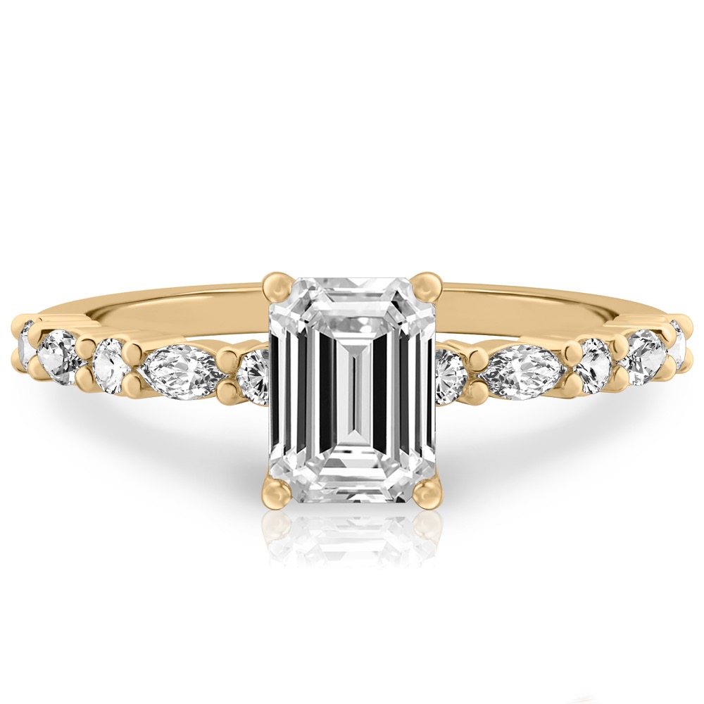 emerald cut diamond marquise and round diamond ring yellow gold